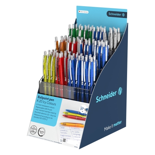 Prezentačný stojan Pero guľôčkové Schneider K20 Icy Colours Mix 100 ks - modrá náplň