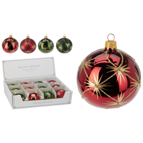 Christmas ball 80 mm, glittered gold decor (mix of 4 colours, price /1 pcs)