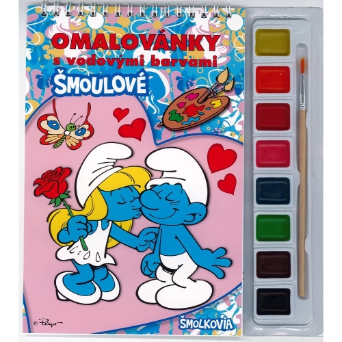 Omalovánky s vodovými farbami - blok A5 so špirálou + vodové farby "Šmolkovia"