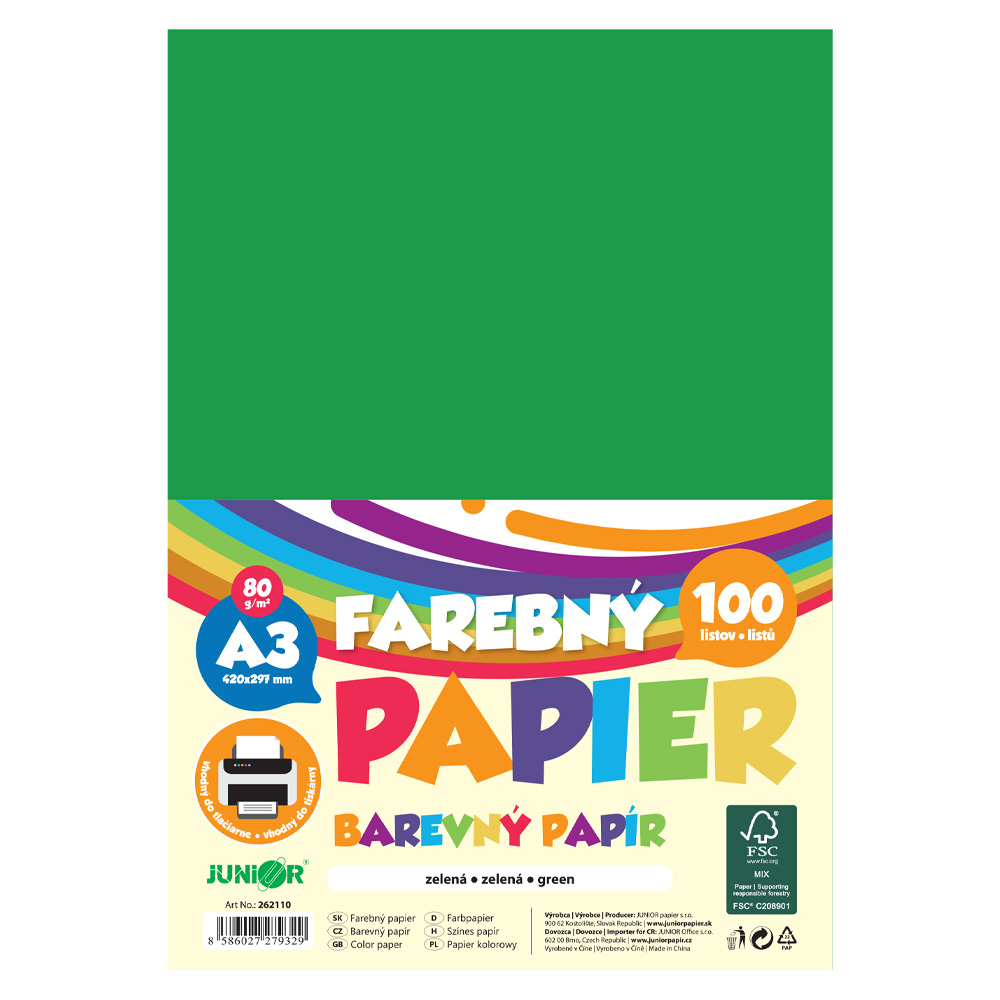 Farebný papier A3 80g/m2, bal/100 ks - zelená