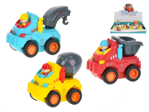 3asstd (mixer,truck,crane) 8cm plastic friction powered construction car 18m+ 12pcs in DBX