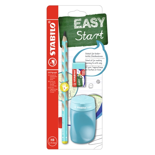 School set for left-handed people - STABILO EASYgraph pencil in blue color + eraser and sh