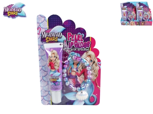 Mermaid Stars sada krásy s leskom na pery 12g a perlovým náramkom s mušľou na karte 18ks v