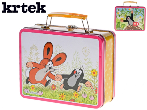 19,5x7,5x16,5cm pink metal briefcase w/"Krteček" design in OPP bag