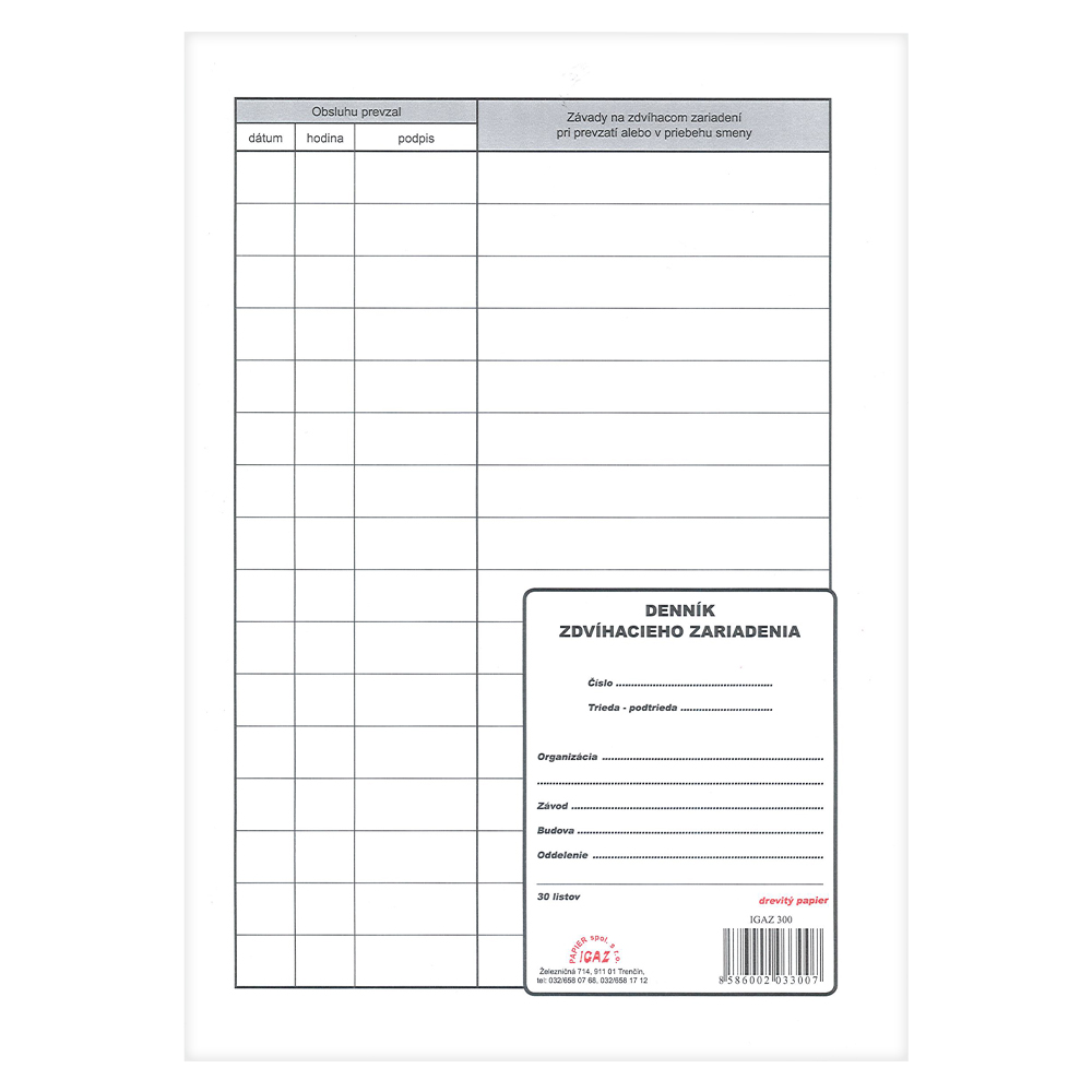 Denník zdvíhacieho zariadenia, A4, 30 listov,   (IGAZ 300)