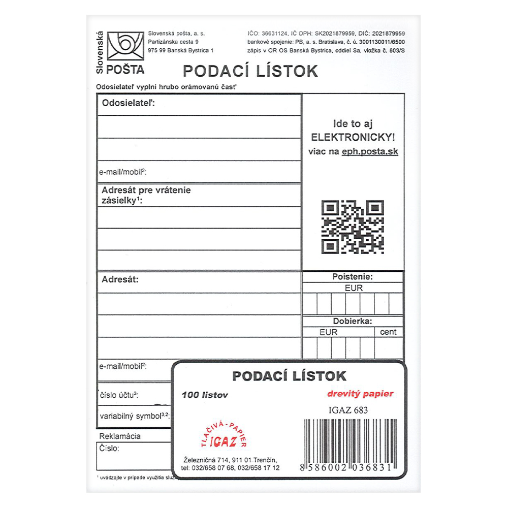 Podací lístok, A6, 100 listov,   (IGAZ 683)