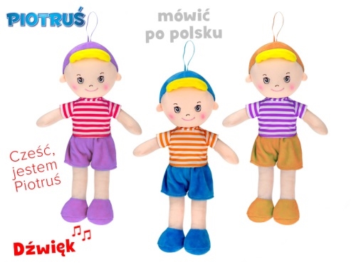 3asstd color (blue,purple,orange) BO "try me" 32cm stuffed body Polish talking Piotruś boy