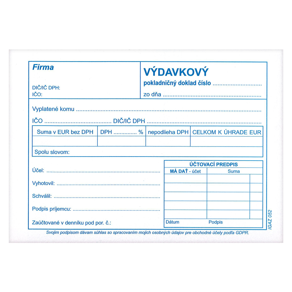 Výdavkový pokladničný doklad, A6, 100 listov,samoprepis s DPH  (IGAZ 52)
