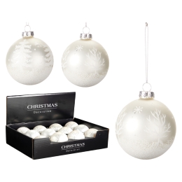 Vianočná guľa sklenená 8 cm biela, dekor s ornamentami /1ks