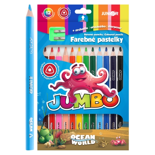 Triangular crayons JUMBO Ocean World 12 pcs + sharpener