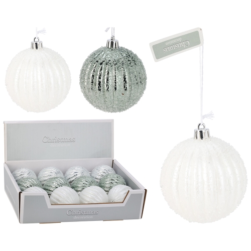 Christmas ball 80 mm glittered, decorated with snow (mix of 3 colours, price /1 pcs)