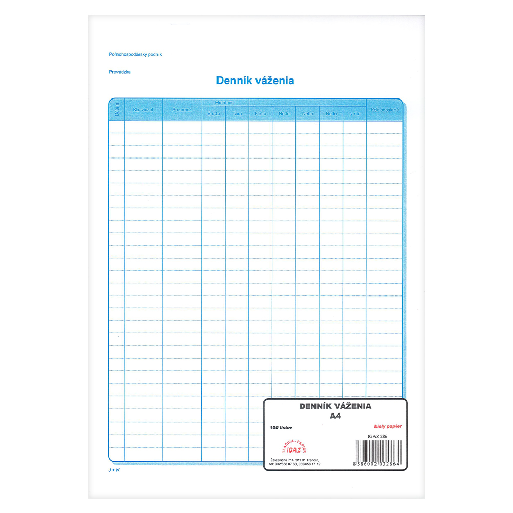 Denník váženia A4, 100 listov (286)