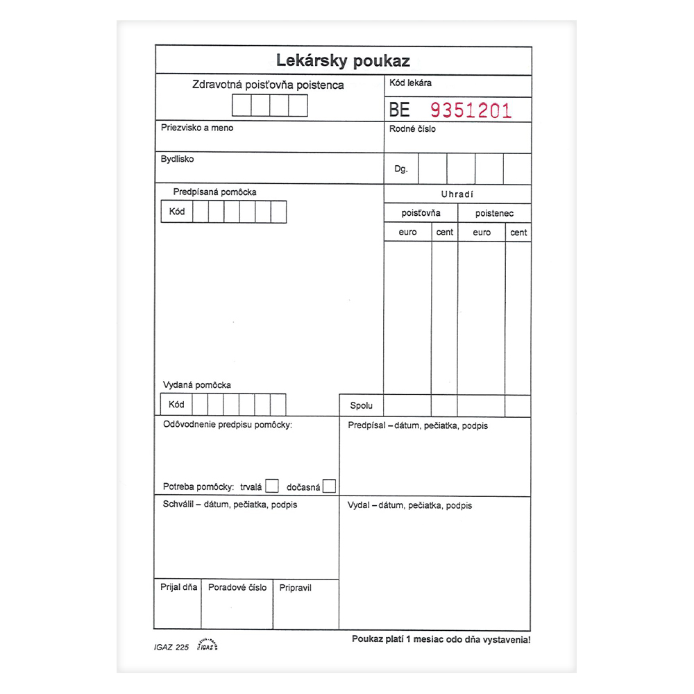 Lekársky poukaz na zdravotnícku pomôcku A5 - číslovaný, 50 listov (225)