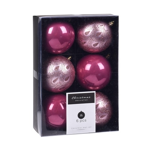 Vianočné gule - sada 6 ks ružové, priem. 80 mm, mix matná dekor/lesklá